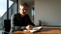Middle-aged man with salt-and-pepper hair and facial hair, Caucasian ethnicity, wearing dark casual clothing, writing in notebook at wooden desk in modern office with natural light from windows.
