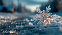 Single snowflake crystal with intricate geometric patterns resting on sparkling snow surface with bokeh lights and winter atmosphere for seasonal designs.