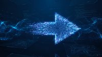 Digital arrow made of glowing blue particles and data streams pointing right on dark background for technology and business concepts.