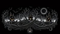 Spooky Halloween landscape with haunted houses, pumpkins, bats and decorative swirls on dark background for seasonal designs and horror themed projects.
