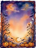 Watercolor Halloween border frame with pumpkins, ghosts, bats, spiderwebs, crescent moon, and haunted trees on warm purple sky background.