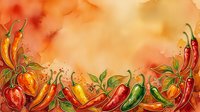 Watercolor illustration of vibrant red, yellow, and green chili peppers with warm orange and golden tones, ideal for culinary designs and food-related projects.