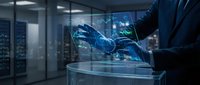 Businessman using futuristic holographic interface with data analytics in modern server room for digital transformation and technology solutions.
