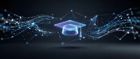 Digital graduation cap floating in futuristic network of glowing connections and data streams representing online education technology and e-learning innovation.