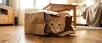 Tabby cat with amber eyes peeking out from brown paper bag on wooden floor indoors, playful pet behavior and enrichment activity.