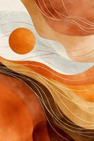 Abstract watercolor composition with flowing terracotta, orange, and cream shapes creating organic waves and curves, featuring a bold orange circle element.