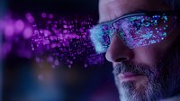 Mature bearded man wearing glasses with digital particles effect, neon purple and blue lights reflecting technology visualization. Futuristic concept.