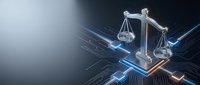 Holographic scales of justice symbol glowing with blue light on digital circuit board, representing law, legal technology, cybersecurity, and digital compliance for business and corporate use.
