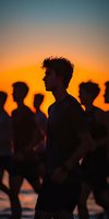 Young man silhouette standing out from crowd during golden hour sunset with warm orange sky background for leadership and individuality concepts.