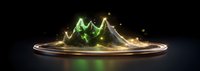 Glowing mountain peaks with neon green and gold light trails on circular platform against dark background, creating futuristic landscape visualization.