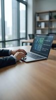 Professional businessman working on laptop with legal advisory interface in modern office workspace for corporate consulting and business services.