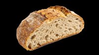 Freshly baked artisan bread loaf half with crusty exterior and soft interior crumb structure, isolated on transparent background. Ready for bakery designs, food packaging, menus, print-on-demand products and culinary graphics.