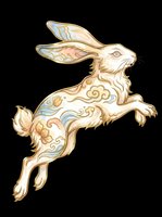 Leaping rabbit with gold outline and pastel floral patterns in Asian art style, isolated on transparent background. For stickers, t-shirt design, print on demand.