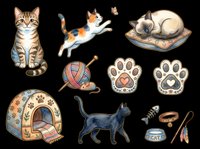 Tabby cat sitting with striped tail, playful orange and white kitten mid-jump, sleeping cream cat on cushion, colorful yarn ball with knitting needles, paw prints, cat tent bed, black cat silhouette, fish toy, food bowl and feather toy isolated on transparent background. Ready for t-shirt designs, stickers, clipart, print-on-demand products and sublimation projects.