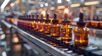 Pharmaceutical manufacturing line with amber glass dropper bottles on automated conveyor belt. Industrial quality control process in modern medicine production facility with bokeh lighting effects.