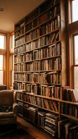 Floor-to-ceiling wooden bookshelf filled with vintage books in cozy home library with warm natural lighting and comfortable reading chair.