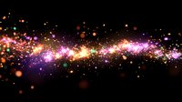 Magical glowing particles flow with pink and golden light effects against dark background, creating ethereal cosmic stream of sparkles and bokeh elements.