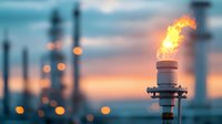 Gas flare burning at oil refinery during dramatic sunset with industrial facility silhouettes and bokeh lights in background creating atmospheric scene.