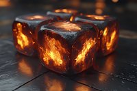 Glowing orange fire trapped inside transparent ice cubes on dark surface creates magical contrast between hot and cold elements, dramatic lighting effect.
