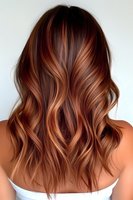 Trendy copper balayage hair color with soft waves showing modern highlighting technique on medium length hair, back view of hairstyle against light background.