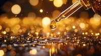 Dropper with golden liquid creating ripple effect on reflective surface against blurred bokeh lights background, capturing therapeutic essence in macro photography.