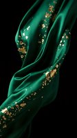 Luxurious emerald green silk fabric with golden foil flakes flowing elegantly against black background for premium fashion and textile design projects.