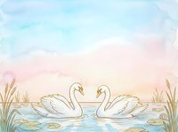 Two swans facing each other on a serene pond with lily pads, surrounded by reeds and cattails under a soft pastel sky in watercolor style. Isolated on white background, suitable for nursery decor, greeting cards, and children's designs.