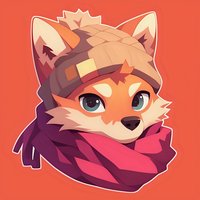 Cute cartoon fox character wearing winter hat and scarf on coral background, stylized digital art illustration for gaming, stickers or children design.