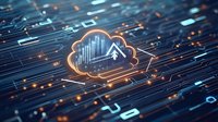 Glowing cloud computing symbol with data analytics graph on digital circuit background with orange and blue light effects for technology concepts.