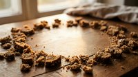 Crumbled chocolate cake pieces arranged in circle on wooden surface with copy space in center, baking and dessert preparation concept.