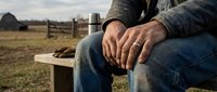 Weathered hands of a male farmer resting on knees during a break, rural farm background with thermos, denim jacket, and work gloves visible.