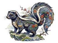 Decorative ferret with ornate floral and botanical patterns, featuring intricate gold detailing and colorful flowers. Isolated on white background, ready for design applications.
