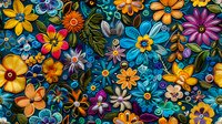 Vibrant floral pattern with colorful daisies, yellow, orange, blue, and purple flowers with green leaves on dark background creates seamless botanical design.