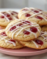 Soft cranberry cookies with white icing drizzle stacked on pink plate. Homemade holiday baking treats for festive celebrations and dessert menus.