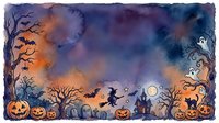 Halloween watercolor border with pumpkins, bats, witch silhouette, cemetery and spooky trees on gradient purple orange sky background for seasonal designs.