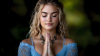 Young Caucasian woman with blonde curly hair in blue lace dress meditating with closed eyes and prayer hands, wearing floral necklace against dark nature background.