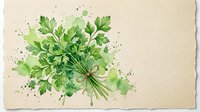 Watercolor bunch of fresh green parsley tied with twine, painted on textured paper with soft splashes, herb art for kitchen decor and food design.