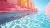 Minimalist swimming pool with pink architectural elements and turquoise water reflections creating surreal geometric patterns under bright sunlight.