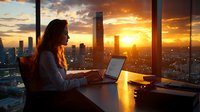 Young Caucasian businesswoman working on laptop in modern office with panoramic windows during dramatic golden sunset over city skyline. Remote work concept.