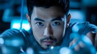Young Asian male scientist in laboratory environment looking through microscope with intense focused expression, illuminated by blue technological glow.