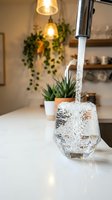 Modern kitchen faucet filling crystal glass with fresh water on white counter. Cozy home interior with plants and warm lighting creates healthy lifestyle atmosphere.