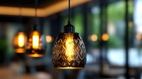 Hanging pendant lamp with woven rattan shade casting warm ambient light in modern interior space, suitable for home decor and architectural design projects.