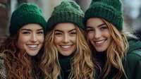 Three young women wearing green knitted winter hats smiling together outdoors in cold weather, friendship and seasonal fashion concept.
