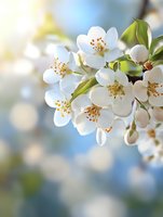 Delicate white cherry blossoms with yellow stamens against soft blue bokeh background, fresh green leaves visible, macro photography showing spring bloom.