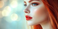 Young woman with red hair and bright makeup in profile view against blurred bokeh background, dramatic lighting highlights blue eyes and red lipstick.