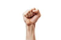 Raised clenched fist gesture showing power, protest and solidarity on white background, isolated male hand demonstrating strength and unity.