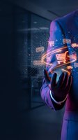 Businessman in suit holding glowing digital e-commerce icons with shopping carts, delivery trucks, and star ratings in futuristic neon light.