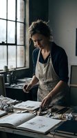 Female artist working in creative studio space with natural light from industrial windows. Professional painter in apron creating artwork at messy workspace.