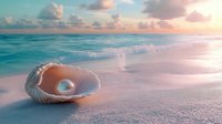 Open seashell with pearl on pink sandy beach at sunset, gentle waves washing ashore, tranquil tropical ocean scene with soft pastel sky and clouds.