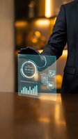 Businessman using futuristic holographic interface with data analytics dashboard and performance metrics in modern office environment for digital transformation.
